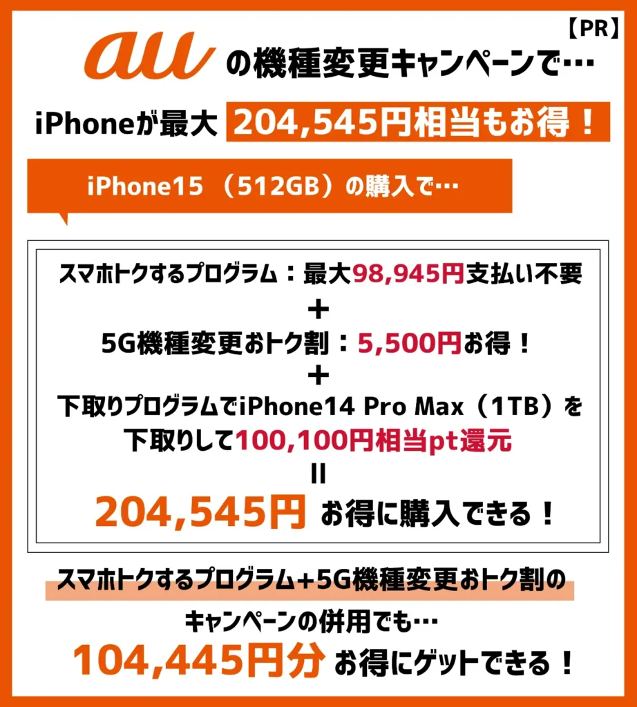 auの機種変更キャンペーンで、最新のiPhone15が最大20万円以上も割引！安く買うことが可能！