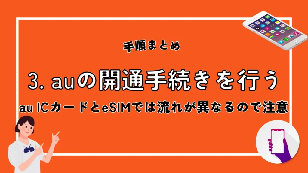 3. auの開通手続きを行う｜au ICカードとeSIMでは流れが異なるので注意が必要