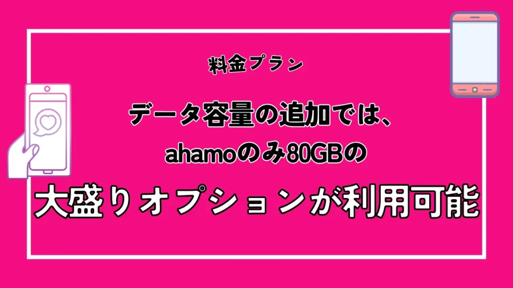 データ容量の追加では、ahamoのみ80GBの「大盛りオプション」が利用可能