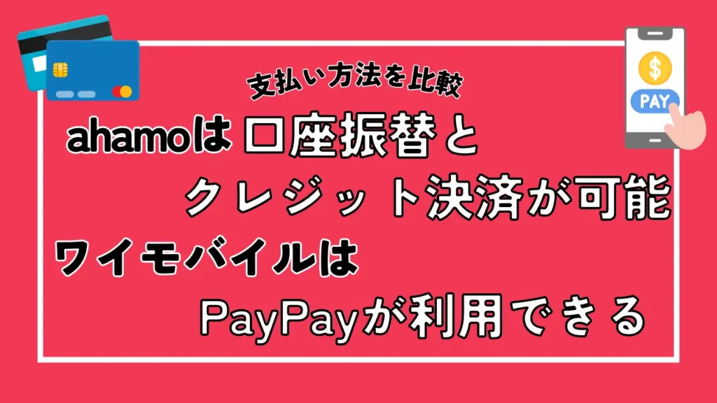 【支払い方法を比較】ahamoは口座振替とクレジット決済が可能。ワイモバイルはさらにPayPayが利用できる