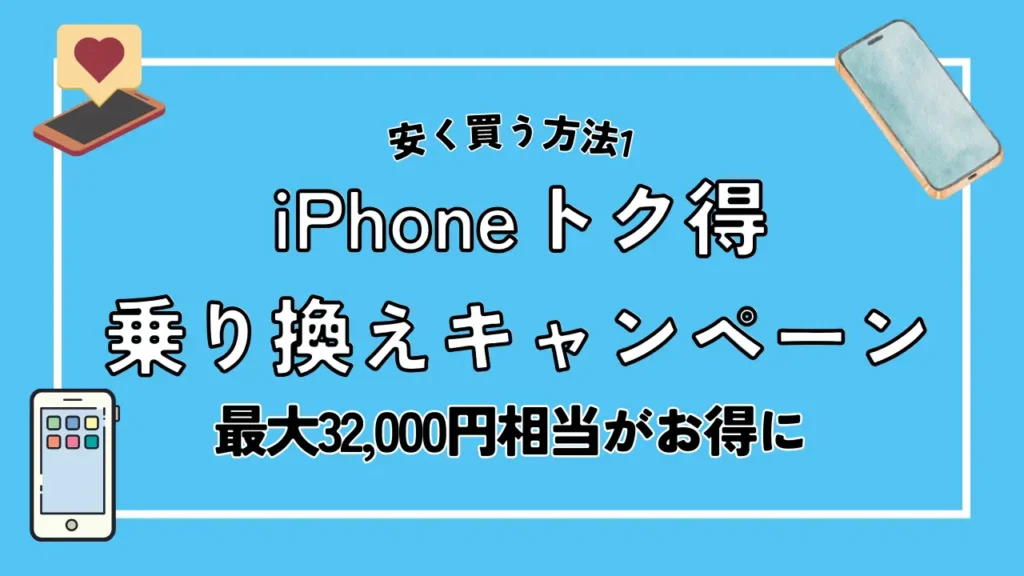 安く買う方法1. iPhoneトク得乗り換えキャンペーン：最大32,000円相当がお得に