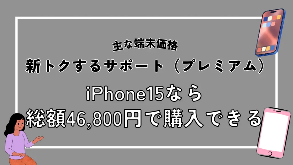 新トクするサポート（プレミアム）を適用時の主な端末価格：iPhone15 Plusなら総額46,800円で購入できる