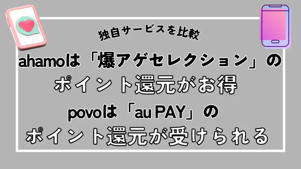 【独自サービスを比較】ahamoは「爆アゲセレクション」のポイント還元がお得で、povoは「au PAY」のポイント還元が受けられる
