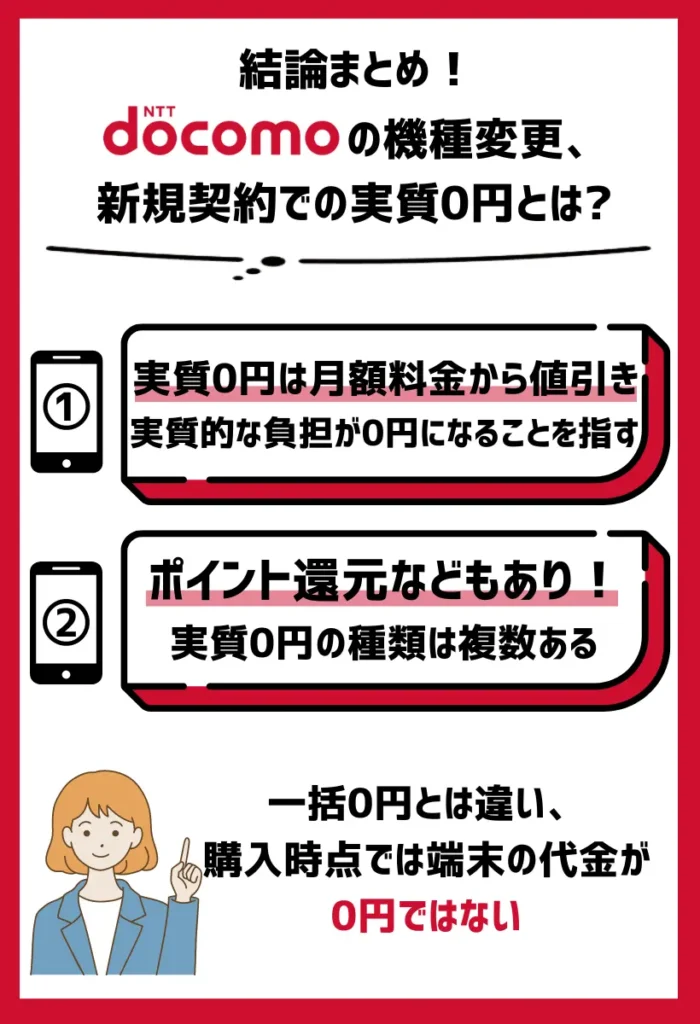 実質0円｜ドコモの各種値引きを適用して、実際にiPhoneなどの支払い額が無料になった状態
