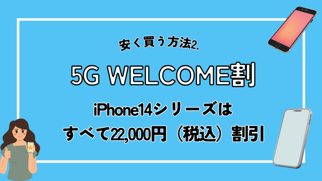 安く買う方法2. 5G WELCOME割｜iPhone14シリーズはすべて22,000円（税込）割引
