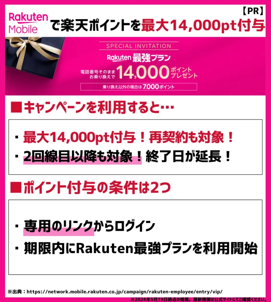 楽天モバイルの三木谷キャンペーンで最大14,000ポイント！5月末から終了日が延長！
