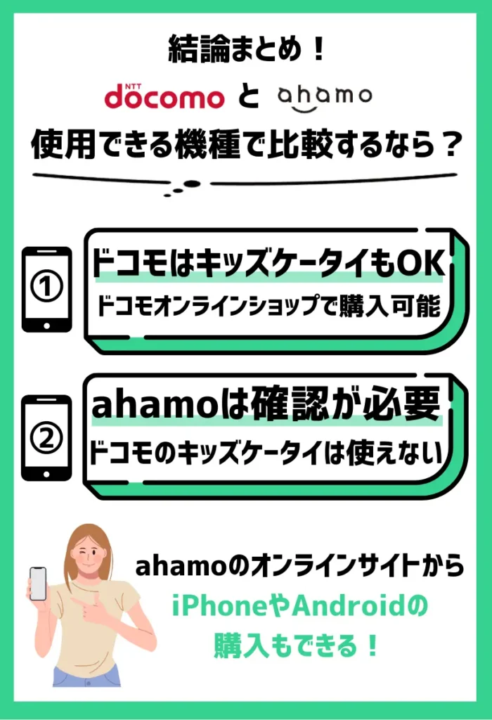 【使用できる機種で比較】ドコモはキッズケータイもありで、ahamoは機種が対応しているか確認が必須