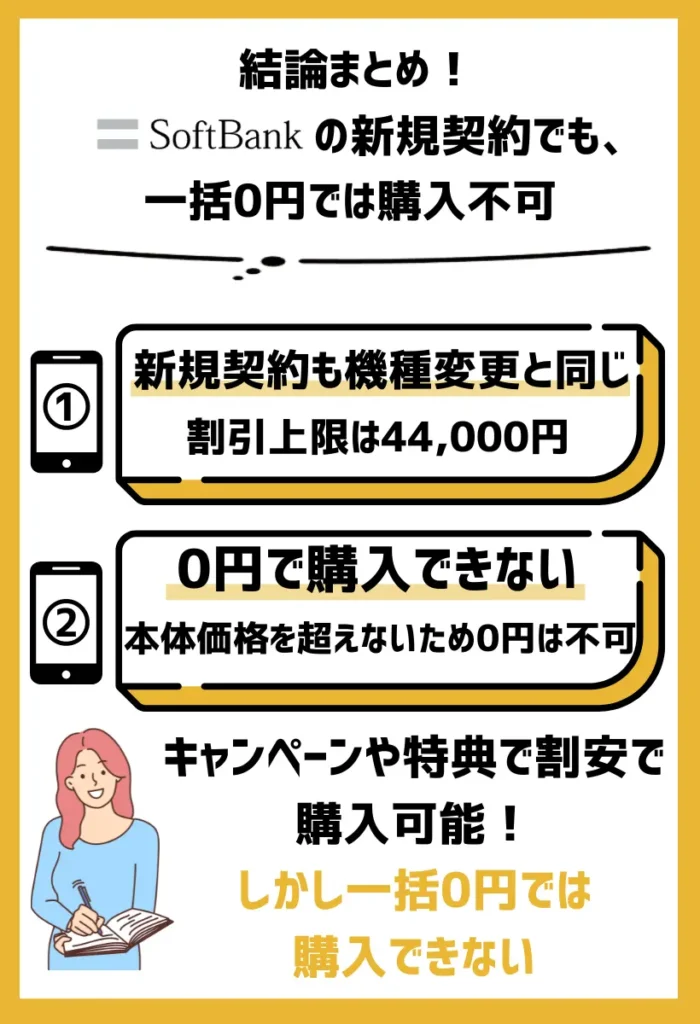 ソフトバンクの新規契約でも一括0円では購入不可｜割引上限がスマホの本体価格を超えないため