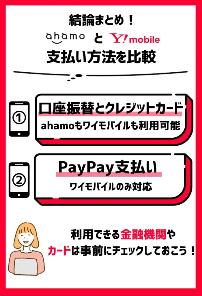 【支払い方法を比較】ahamoは口座振替とクレジット決済が可能。ワイモバイルはさらにPayPayが利用できる