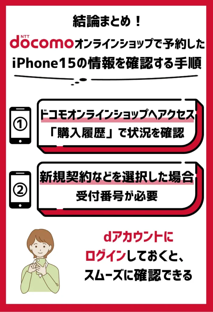 ドコモオンラインショップで予約したiPhone15の情報を確認する手順