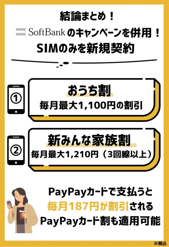 SIMのみを新規契約｜ソフトバンクのキャンペーンを併用すると最大2,497円（税込）の割引が永続適用