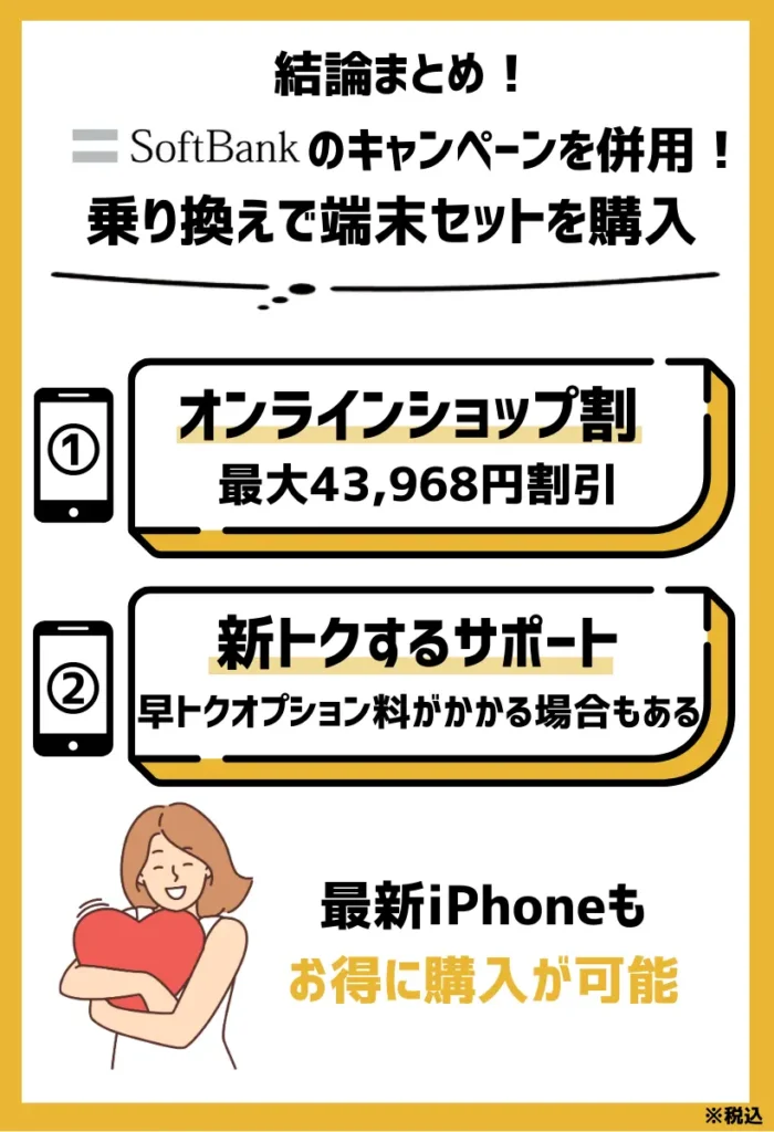 乗り換えで端末セットを購入｜ソフトバンクのキャンペーンを併用すると最新iPhoneも14万円以上お得に購入が可能