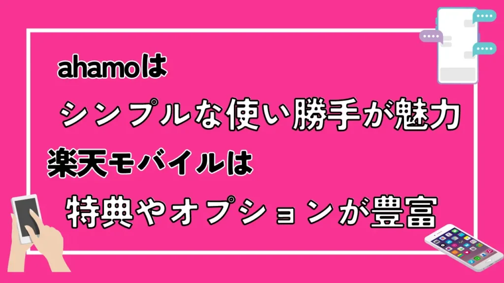 ahamoはシンプルな使い勝手が魅力で、楽天モバイルは特典やオプションが豊富