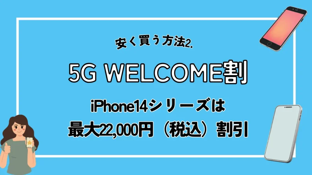 安く買う方法2. 5G WELCOME割｜iPhone14シリーズは最大22,000円（税込）割引