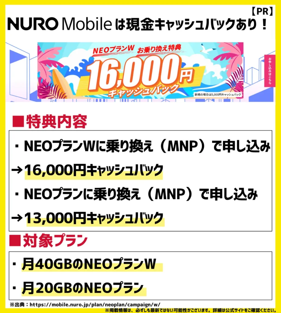 NUROモバイルはNEOプランWに乗り換えで、16,000円の現金キャッシュバック