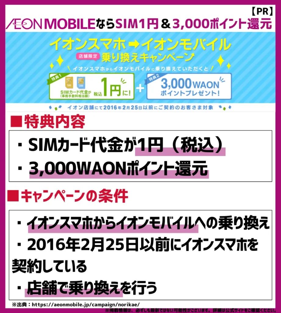 イオンモバイルは格安SIM販売サービスからの乗り換えで、SIM1円（税込）＆3,000ポイント還元