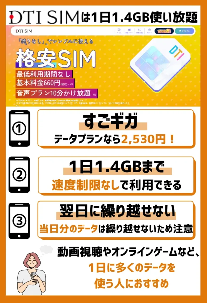 DTI SIM｜「すごギガ」で1日1.4GBが制限なく使い放題！キャンペーン料金で契約も可能