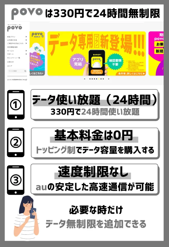 povo｜330円で24時間データ無制限で使い放題！一時的な大容量データに対応