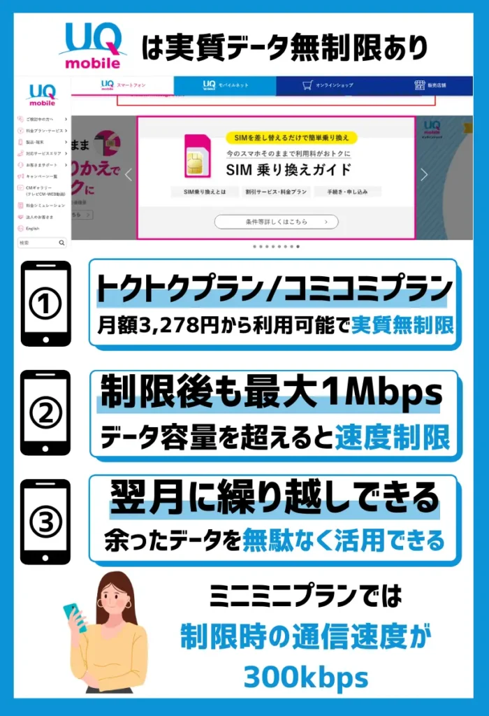 UQモバイル｜トクトク/コミコミプランは実質ギガ使いたい放題！速度制限後も最大1Mbps