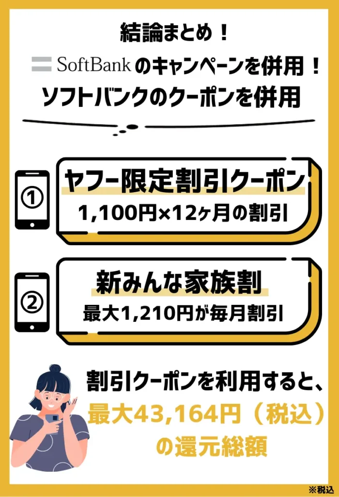 ソフトバンクのクーポンを併用｜キャンペーンと合わせて最初の1年間は43,164円相当の割引還元