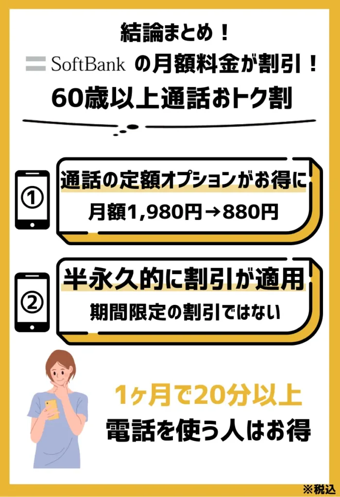 60歳以上通話おトク割：国内24時間かけ放題が月額880円（税込）で利用できる