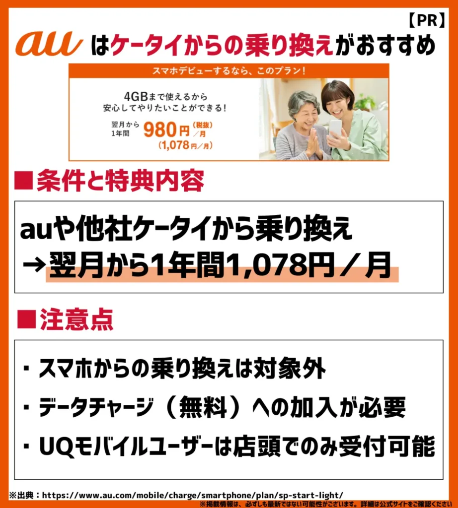 スマホスタートプランライト5G／4G｜au・他社ケータイからの乗り換えで1年間1,078円（税込）