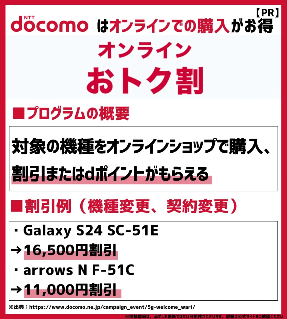 オンラインおトク割｜対象機種の購入で割引またはdポイントがもらえる