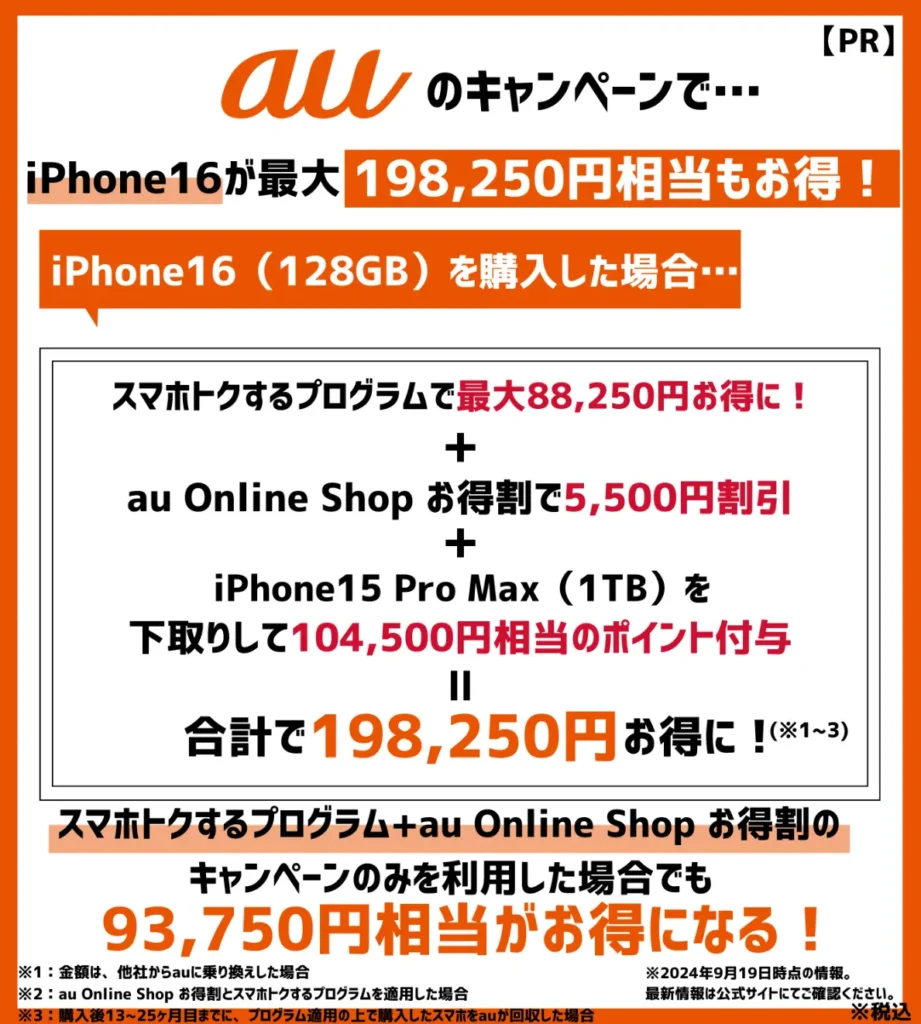 auの乗り換えキャンペーン併用で、iPhone16が最大19万円以上もお得
