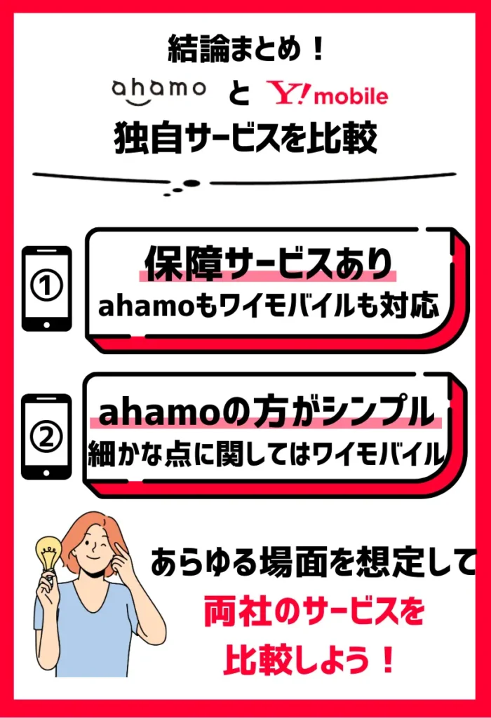 保障サービスはahamoの方がシンプルだがワイモバイルの方が手広い