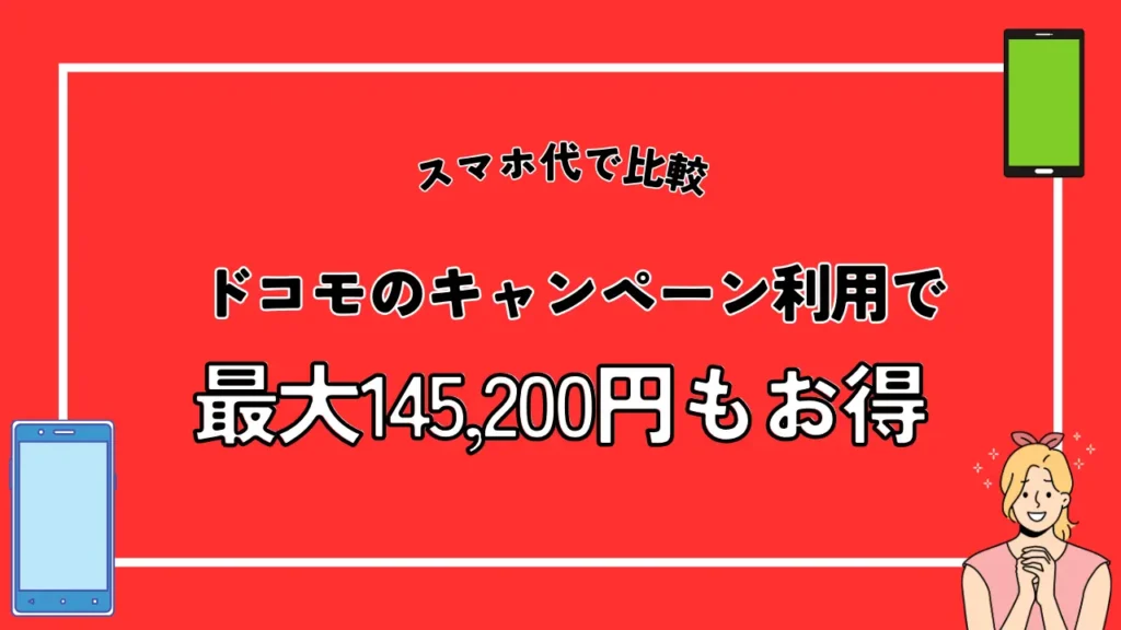 【スマホ代で比較】ドコモのキャンペーン利用で最大145,200円もお得