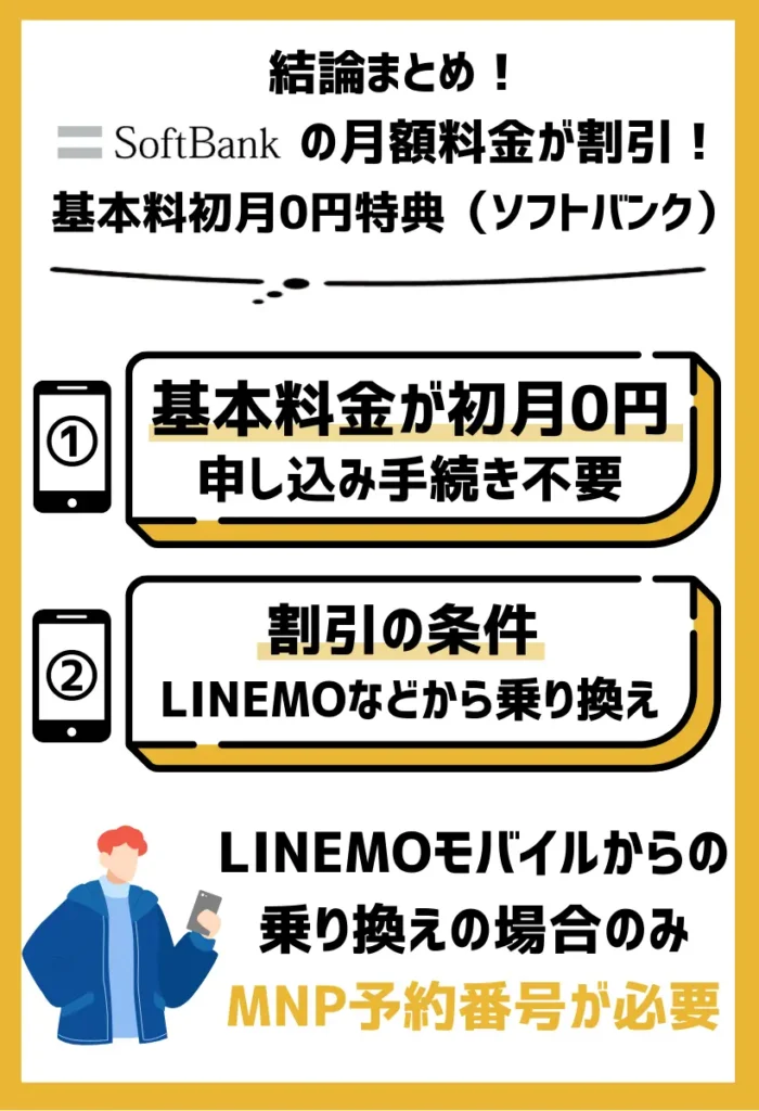 基本料初月0円特典（ソフトバンク）：ワイモバイルやLINEMOからの乗り換えで初月の基本料金が0円（税込）に