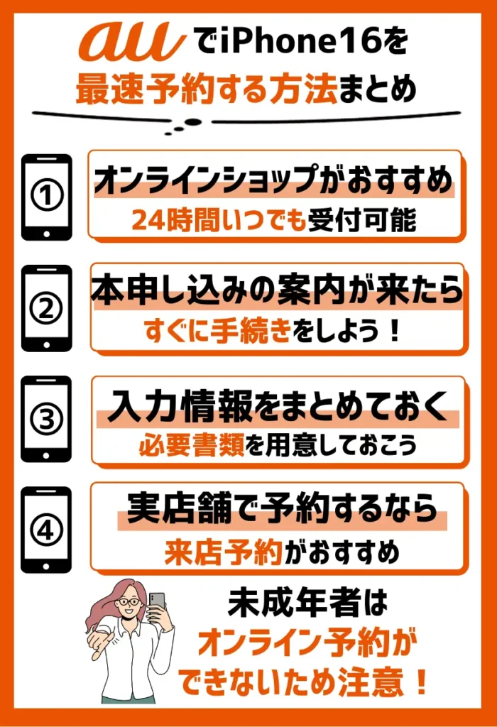 まとめ：auのiPhone16はオンラインショップで最速予約できる