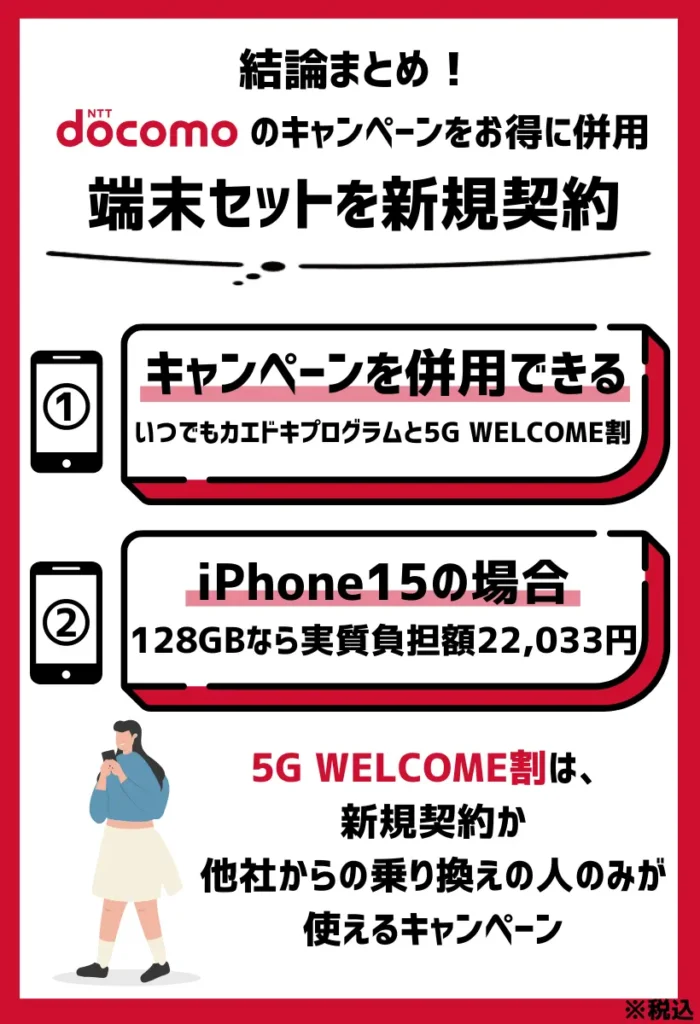 端末セットを新規契約｜ドコモのキャンペーンを併用すると実質負担額22,033円（税込）でiPhone15が購入できる