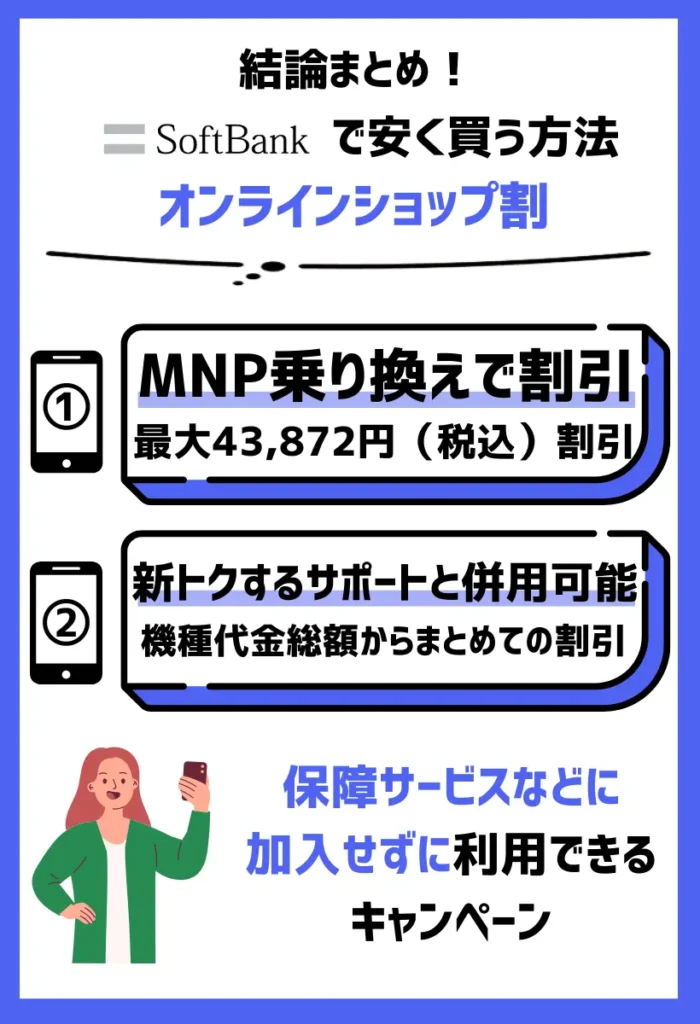 安く買う方法1. オンラインショップ割｜対象機種への乗り換えで最大43,872円（税込）割引