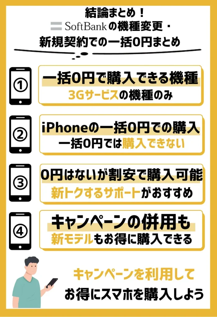 まとめ：ソフトバンクの機種変更・新規契約で一括0円は3Gサービスの機種のみ