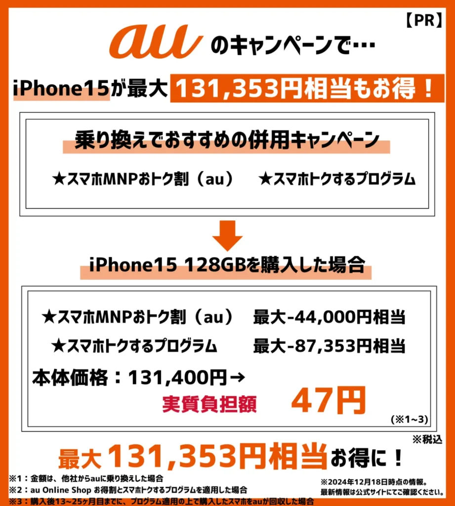 auの乗り換えキャンペーンでiPhone15が最安47円！端末割引がお得