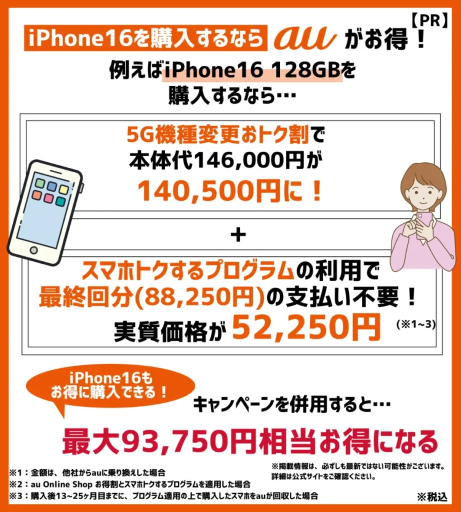 auでは新型モデルの購入がおすすめ！iPhone16（128GB）なら最大93,750円相当お得！