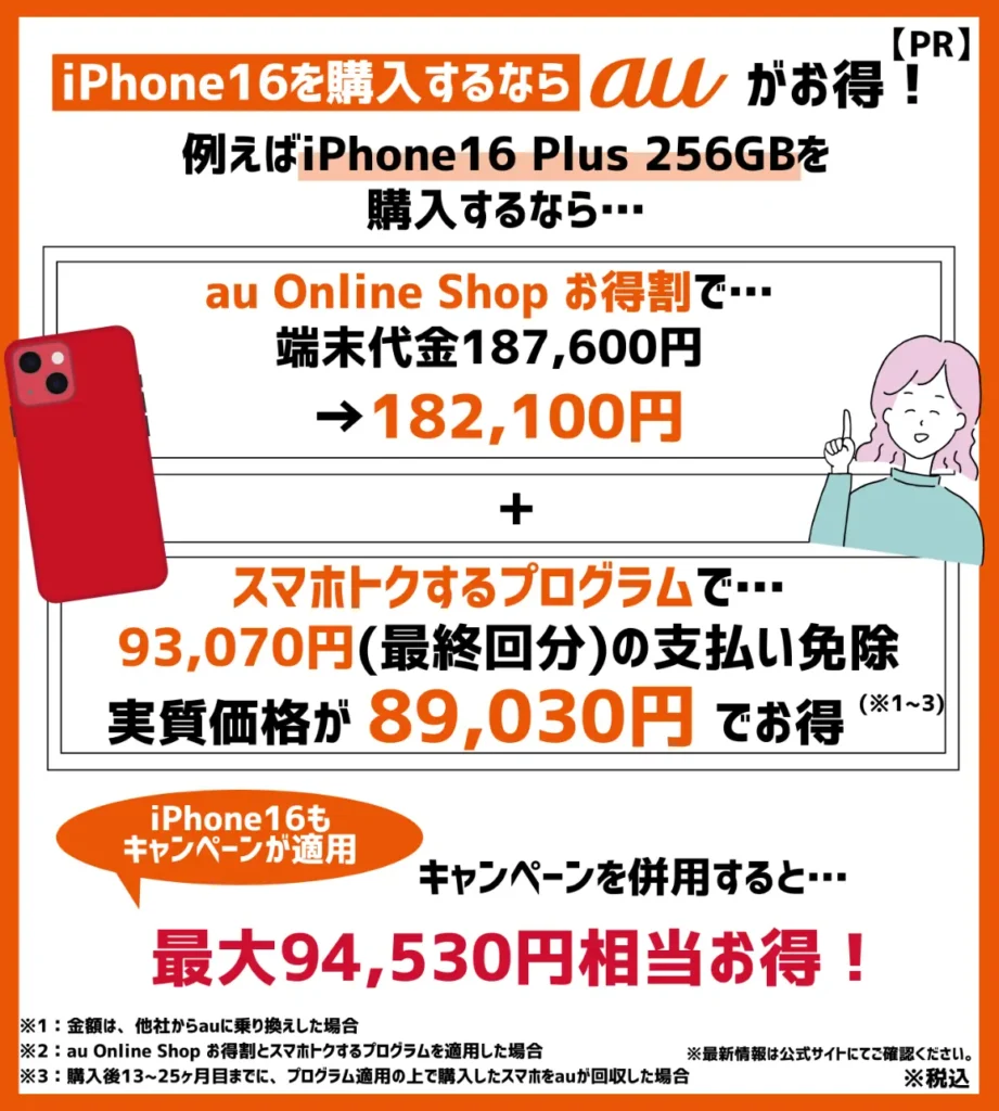 新型モデルはauでの購入がおすすめ！iPhone16 Plus（256GB）は94,530円相当お得に購入できる！