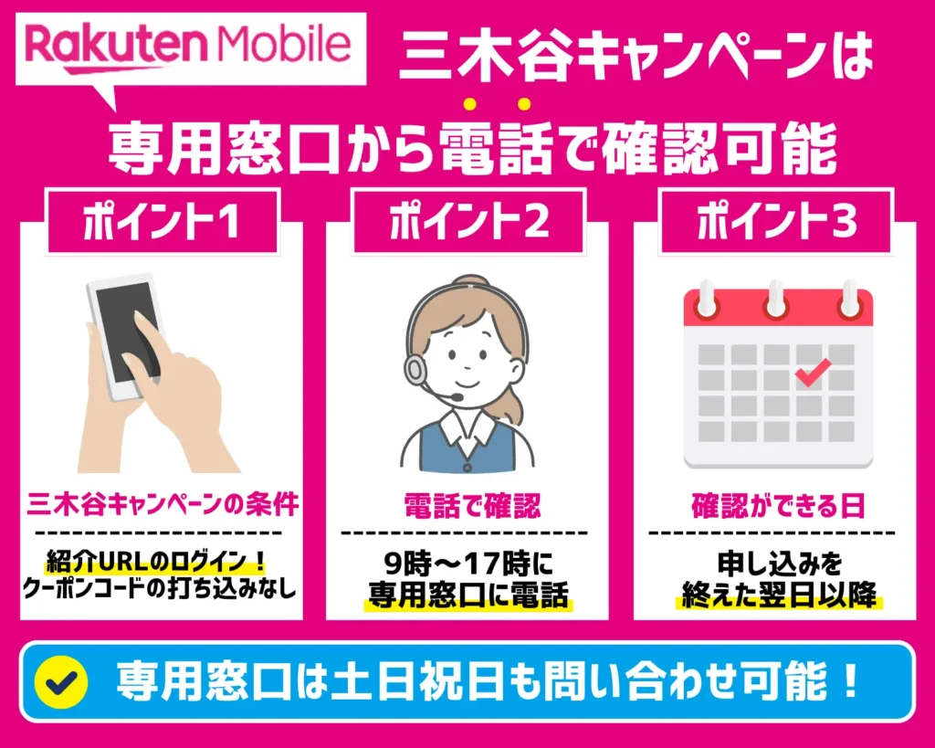 楽天モバイルの三木谷キャンペーンが適用されたかどうかは、専用窓口から電話で確認可能