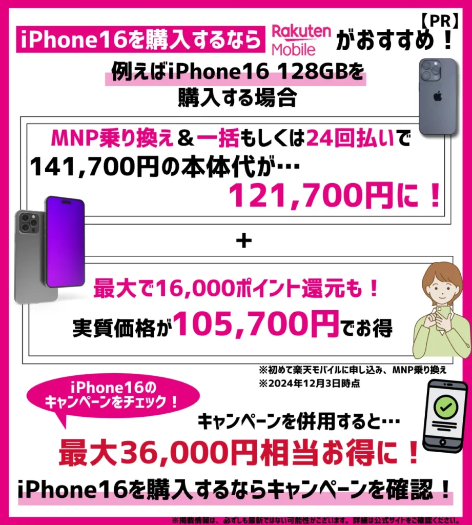 楽天モバイルならiPhone16 128GBの実質負担額が105,700円！最大36,000円相当お得