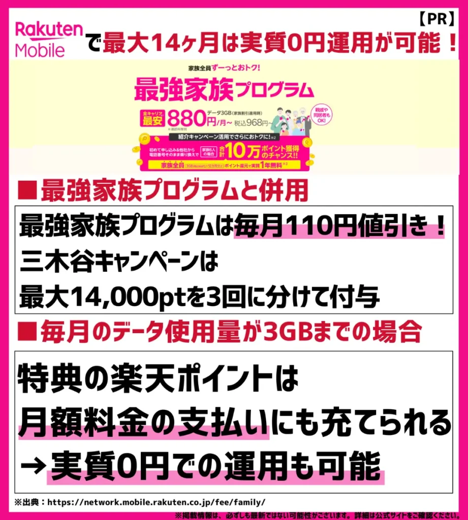 【最大14ヶ月無料】三木谷キャンペーンと最強家族プログラムを併用した場合