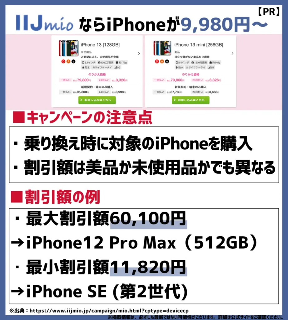 iPhoneの割引額は11,820円〜60,100円とモデルごとに異なるが、格安SIMの中でもお得に購入可能