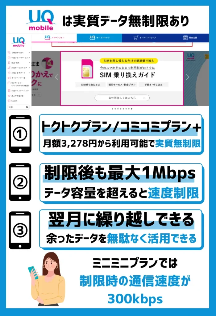 UQモバイル｜トクトク/コミコミプランは実質ギガ使いたい放題！速度制限後も最大1Mbps