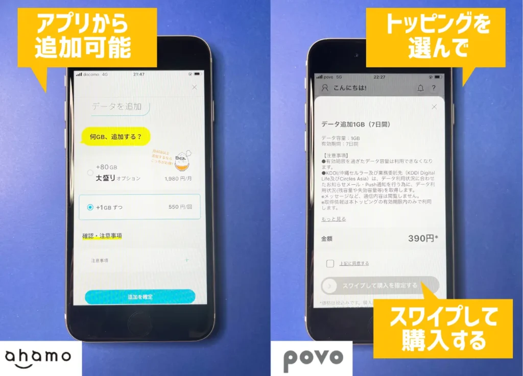 ahamoとpovoを比較：追加料金を支払ってデータを購入する方法をレビュー