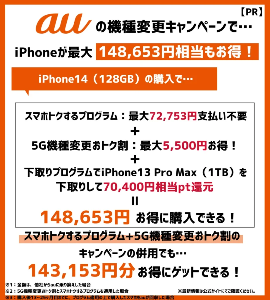 auは端末割引キャンペーンが豊富！iPhone14が最大で14万円以上もお得