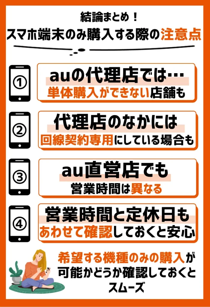 auの代理店では単体購入ができない店舗もある｜スマホのみであれば、直営店が安心