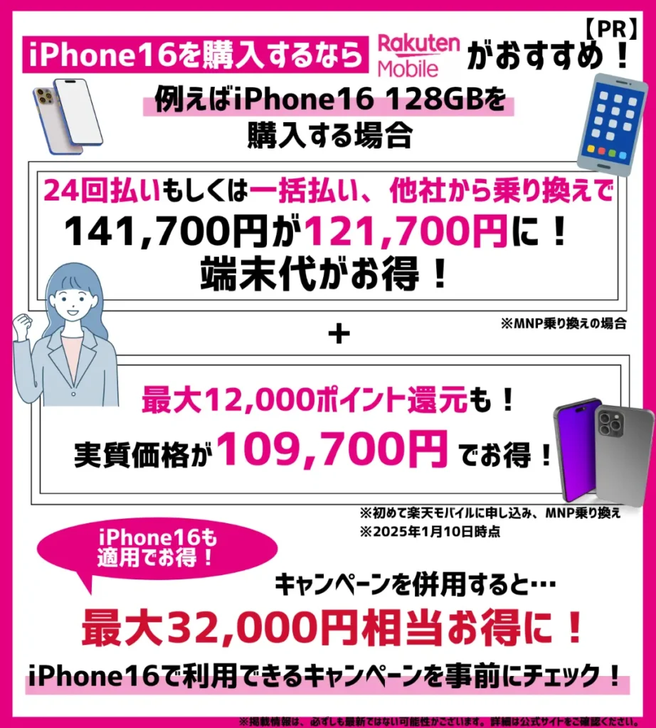 最大32,000円相当がお得！楽天モバイルならiPhone16 128GBの実質価格が109,700円