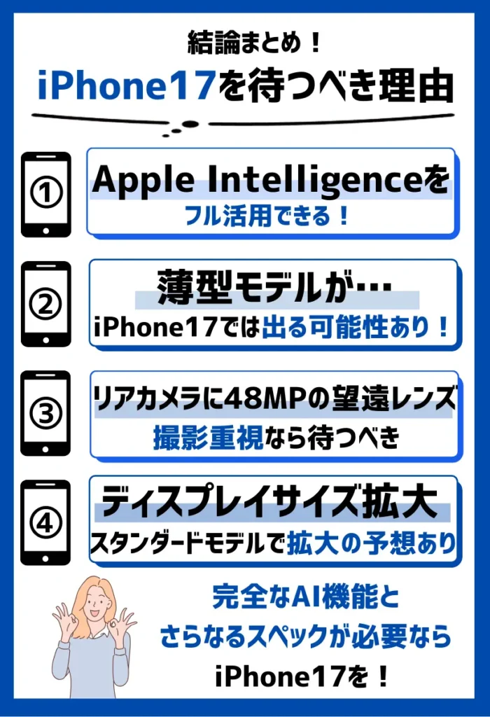 まとめ：生成AIや撮影機能重視ならiPhone17を待つべき！iPhone16からさらなるスペック向上に期待