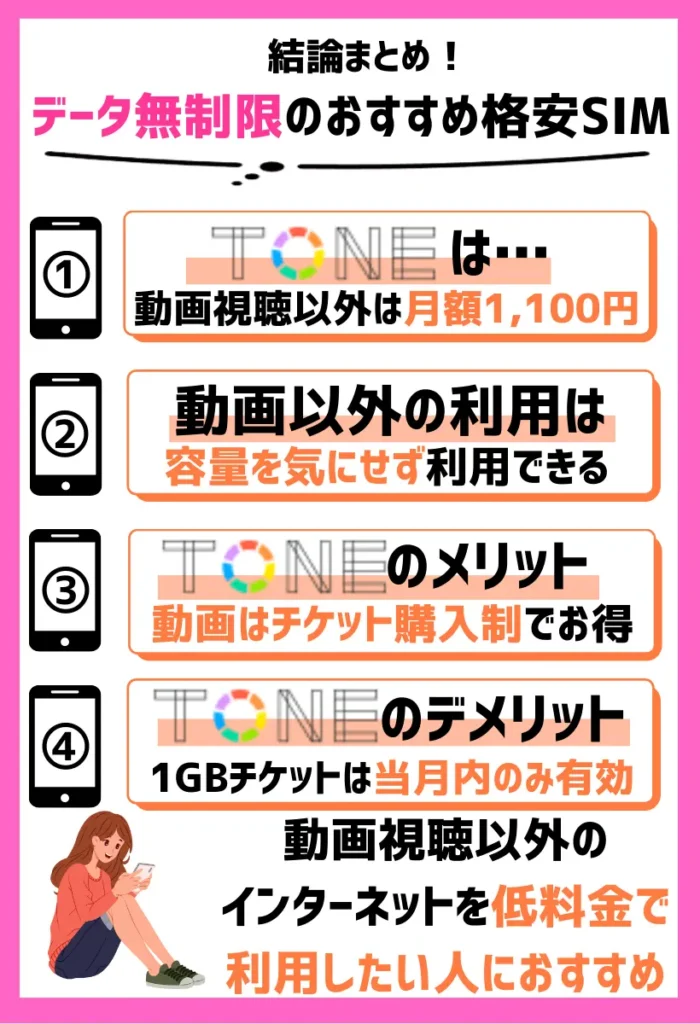 トーンモバイル｜動画視聴以外は月額1,100円で、月間データ容量が無制限
