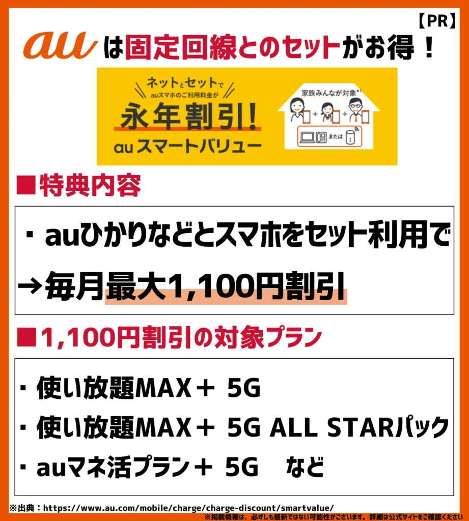 auスマートバリュー｜固定回線とのセットで最大1,100円（税込）割引